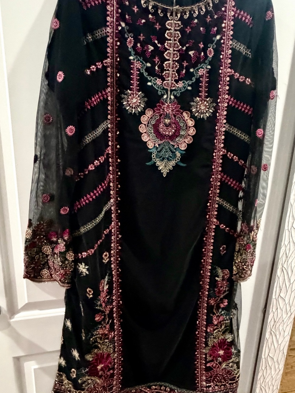 Embroidered Black Long Sleeve Women's Dress with Pink & Gold Accents